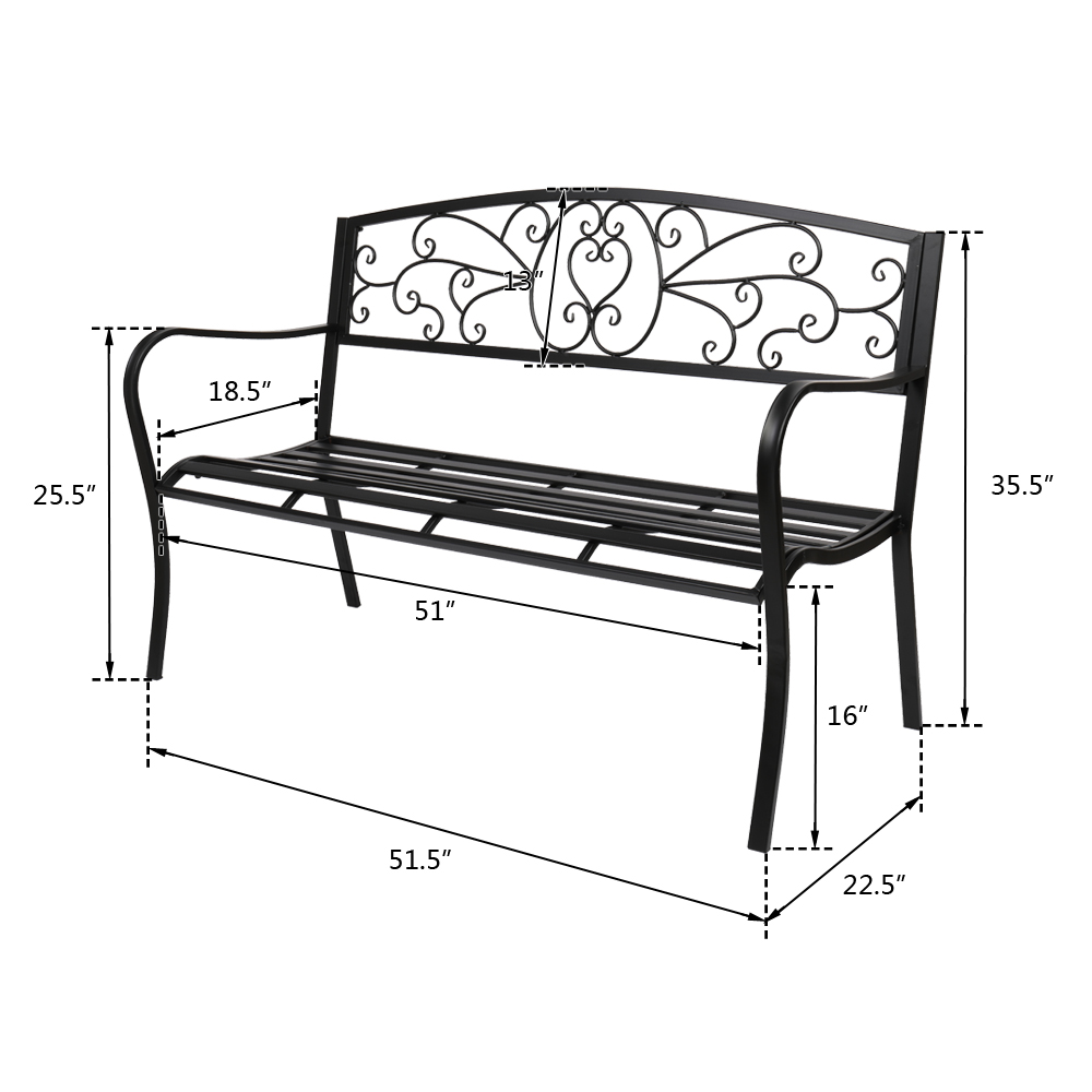 51in Outdoor Bench Iron Patio Park Garden Patio Porch Chair Deck Iron Frame Black Easy to Assemble Easy to Clean