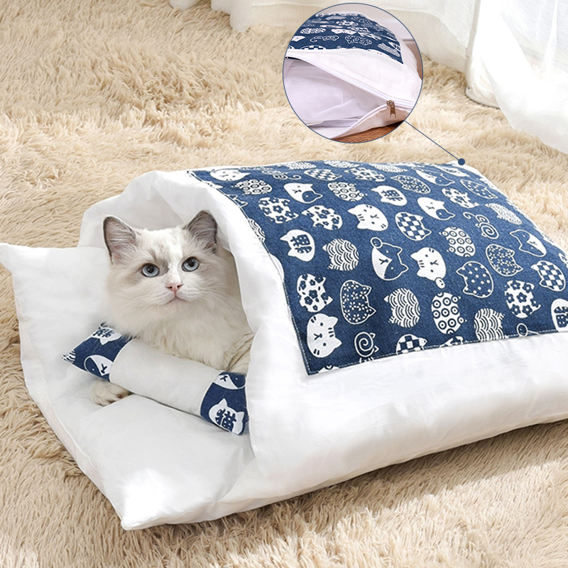 Japanese Cat Bed Winter Removable Warm Cat Sleeping Bag Deep Sleep Pet Dog Bed House Cats Nest Cushion with pillow