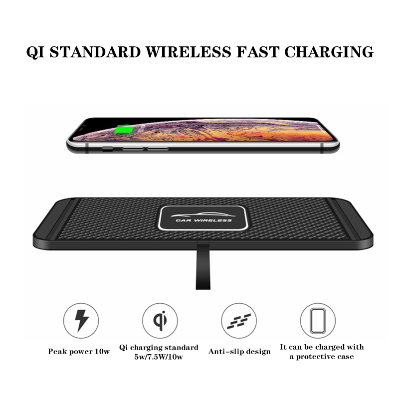 10W Fast Charging Qi Wireless Charger Dock Station Pad For iPhone Samsung 2in1 Non-slip Silicone Mat Car Dashboard Holder Stand