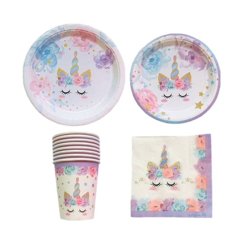 44pcs/set Unicorn Tableware Kids Birthday Party Events Disposable Unicorn Plates Napkins Cups Unicorn Birthday Party Supplies