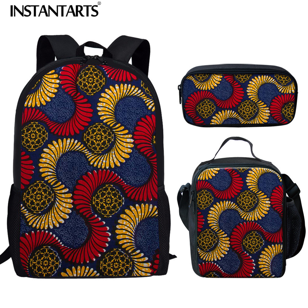 INSTANTARTS 3pcs Set School Bag Traditional African Printing School Backpack for Teenager Girl Women Laptop Rucksack Book Bag