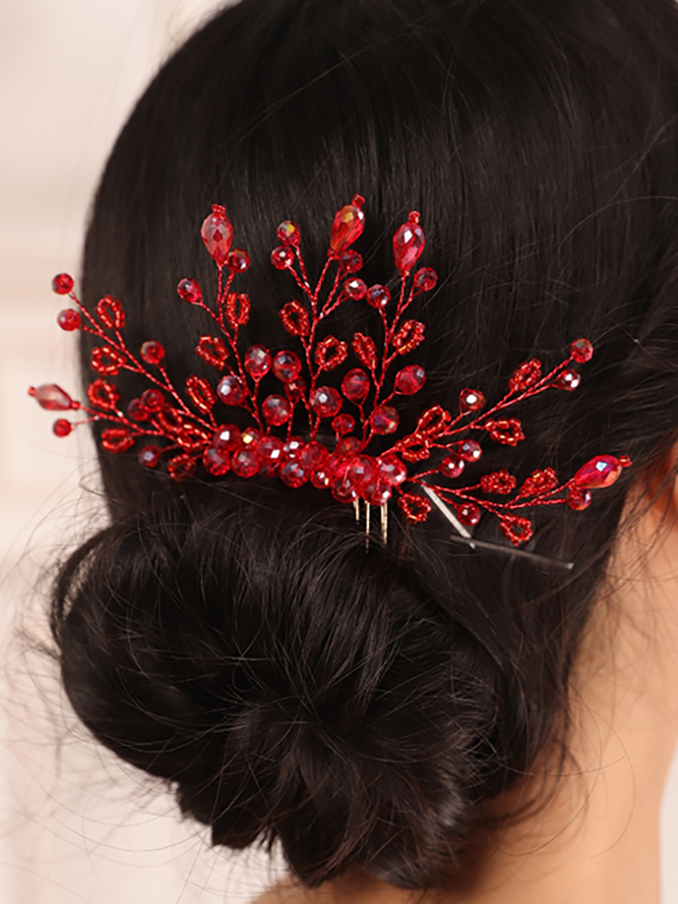 Bohe Wedding Accessories Red Crystal Bride hair comb Party for Women Girl Headdress Bridal Headwear Hair Jewelry