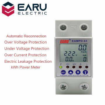 63A 230V Display Adjustable Current Earth Leakage Protection Over Under Voltage Protector Relay Device Energy Power kWh Meter