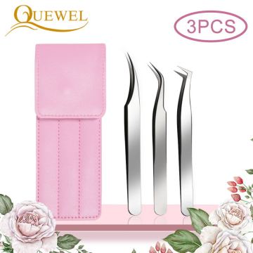 Quewel 3 Pcs Curved Straight Tweezers Volume Eyelash Extension Bright Tweezers Set Stainless Steel Lash Makeup Nail Picking Tool