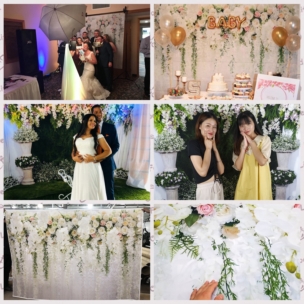 Wedding White Curtain Blossom Floral Garland Wall Photography Backgrounds Custom Photographic Backdrops for Photo Studio