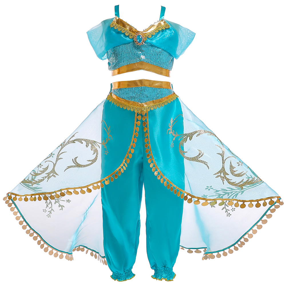Girls Jasmine Princess Costume Party Princess Dress Fancy Clothing Set Top Pants for Child Aladdin the Magic Lamp with Free Gift