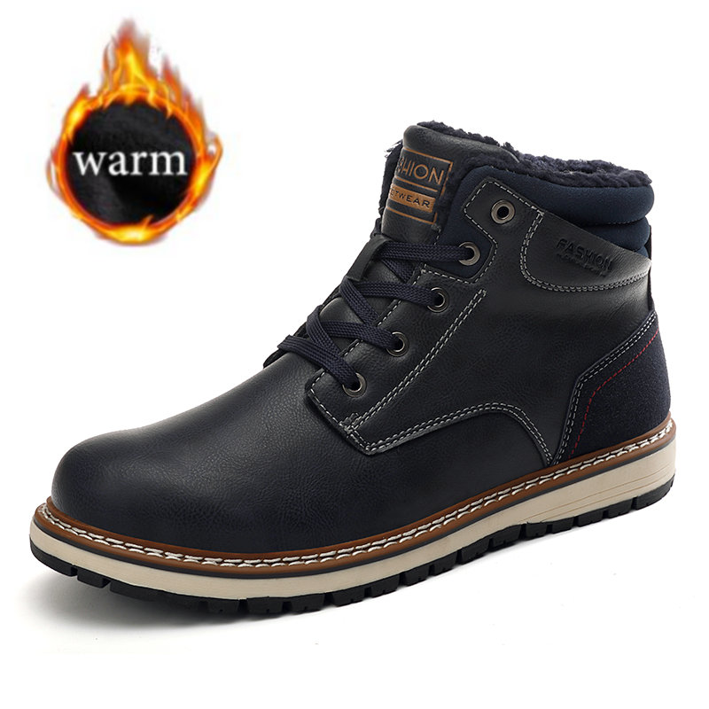 DM64 Black Warm Winter Men Boots Genuine Leather Ankle Boots Men Winter Work Shoes Men Military Fur Snow Boots for Men Botas