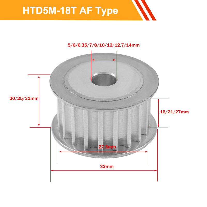 5M 18T Timing Pulley HTD5M Type Aluminium Pulley Wheel 16mm/21mm/27mm Belt Width 5/6/8/10/12/14mm Bore Motor Belt Pulley