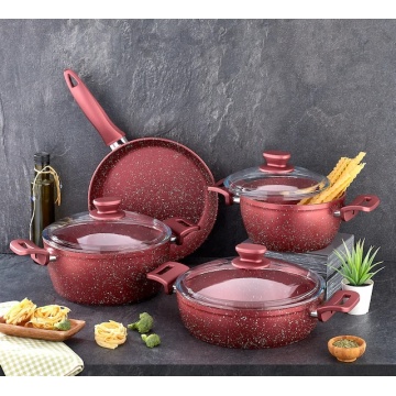 Granite Set High Quality 7Pcs Cookware Set Granite Fry Pan Souce Pot Milk Pot with Glass Lids and 5 different Colors