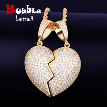 Couple Heart pendant Pendant Necklace Tennis Chain Gold Color AAA Cubic Zirconia Men's Hip hop Rock Jewelry 5x3.5cm