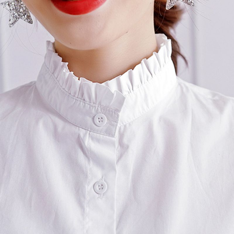Women Sweet Wrinkled Ruffles Fake Stand Collar Layering White Sweater Half-Shirt L4ME