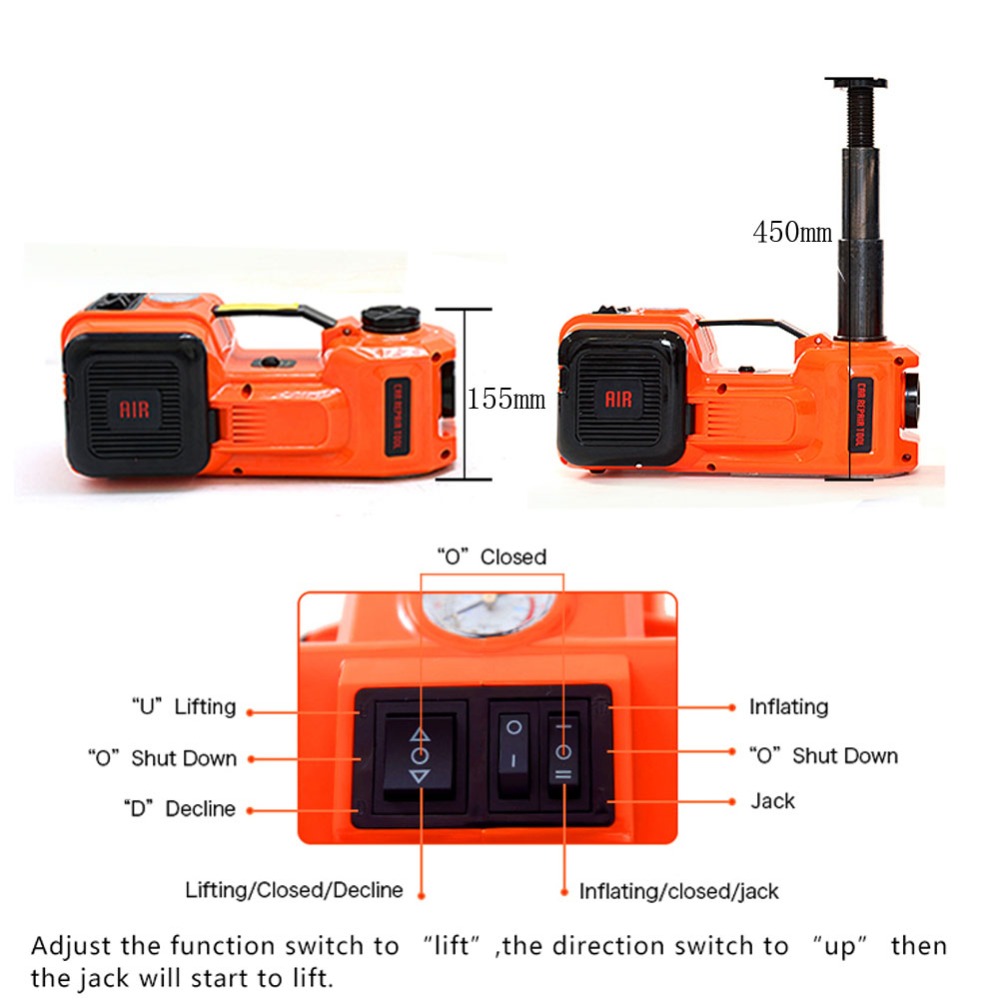 3 in 1 Electrical Jack 12V 5T(7716lb) Electric Hydraulic Floor Tire Inflator Pump LED Flashlight With Hammer Car Repair Kit