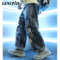 LENSTID 2020 Hip Hip Pants Streetwear Men Loose Denim Pants Graffiti Print Black Vintage Jeans Harajuku Joggers Cotton Trousers