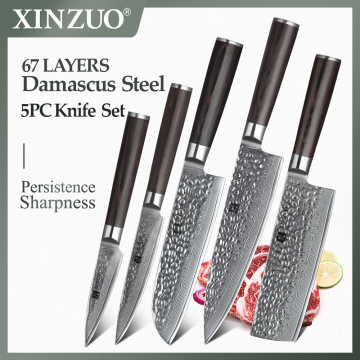 XINZUO 5 pcs Kitchen Knife Set Damascus Steel Chef Knife set Stainless Steel Chef Utility Knife Pakkawood Handle Cutlery Slice