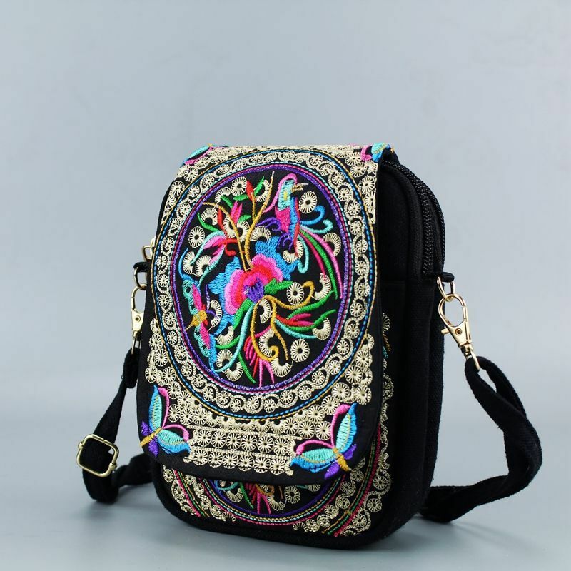 Women Embroidered Crossbody Bag Vintage Floral Cell-Phone Pouch Lady Ethnic Handbags Casual Travel Shoulder Bag For Female Girls