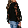 Women Fashion Mesh Patchwork Round Neck Long Sleeve Blouse Black Lace Falbala Transparent Flower Bubble Sleeve Pullover Tops