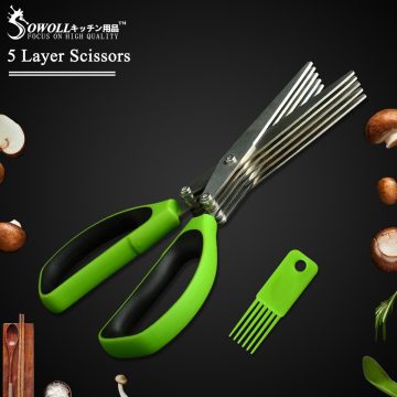 SOWOLL Brand Kitchen Scissor Kitchen Accessories 5 Layers Blade Herb Scissors Stainless Steel Mulfunction Scissor Green Grey New