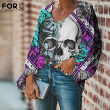 FORUDESIGNS Sugar Skull With Flower Pattern Ladies Loose V Neck Casaul Balloon Sleeve Casual Tops Blouses Outdoor Chiffon Bluse