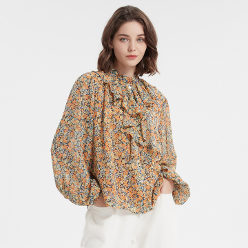 Floral Print Ruffle Stand Collar Shirt Leisure blouse