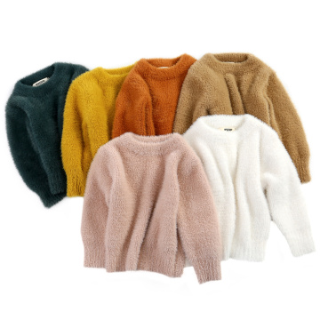 Lovely Kids Girls Boys Sweater Solid Color Long Sleeve Round Neck Pullover Top Fur Hair Sweater Jumper for Child Autumn Winter