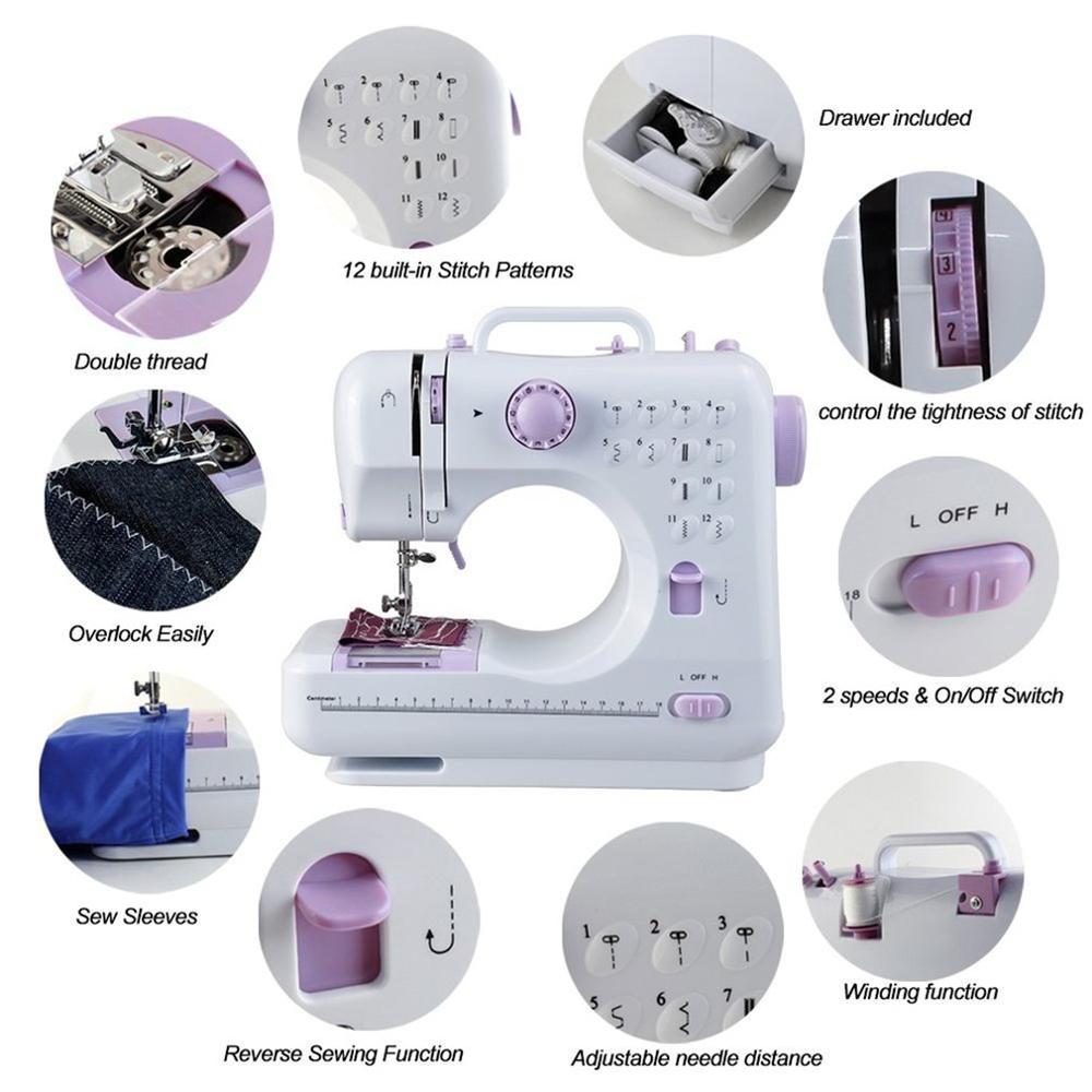Mini 12 Stitches Sewing Machine Household Multifunction Double Thread And Speed Free-Arm Crafting Mending LED