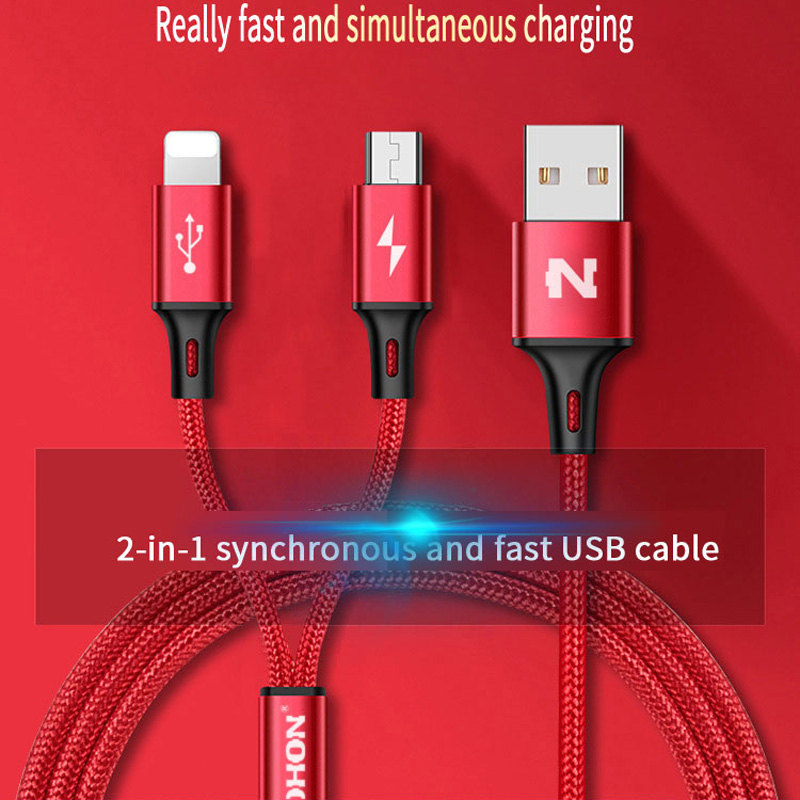 NOHON 2 IN 1 USB Cable Micro 8Pin USB Fast Charging Cables For iPhone 8 X 7 6 6S Plus iPad iPod Samsung Nokia Nylon Wire