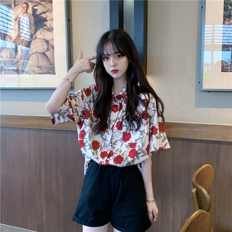 Beige flowers loose female short sleeve Harajuku Korean polo sexy women's bloome beach kimino cardigan chiffon shirts blusas