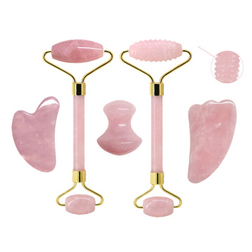 Natural Rose Quartz Jade Roller Set Real Jade Gouache Scraper Jade Massager Gua Sha Board Facial Massager Face Massage Roller