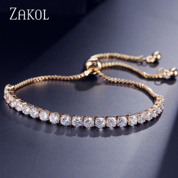 ZAKOL Fashion Cubic Zirconia Tennis Adjustable Bracelet Bangle For Women White Round cut Crystal Wedding Jewelry FSBP144