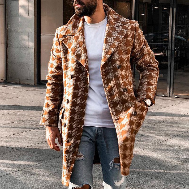 Dropshipping Men Long Woollen Wind Coat Casual Double Breasted Mens Wool Overcoat Winter 2020 Houndstooth Jacket Men Trench Coat