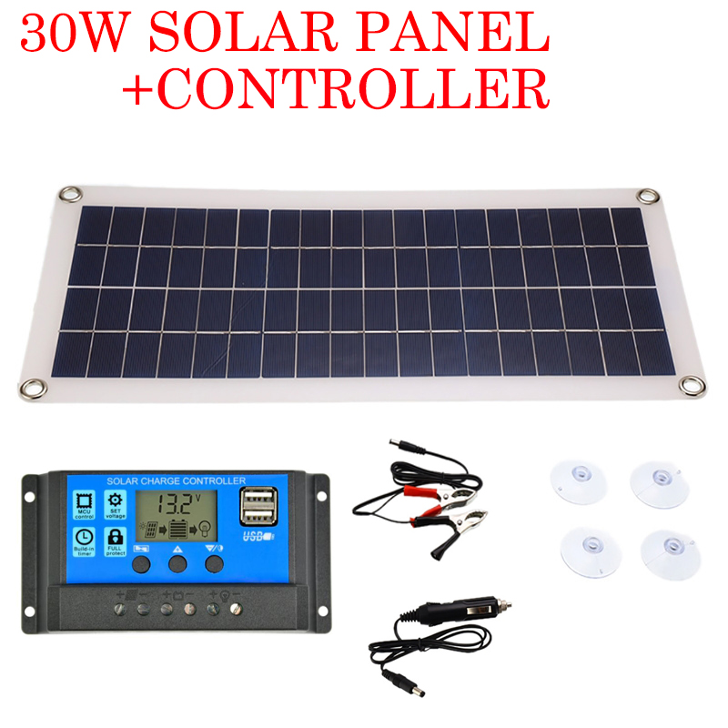 30W Solar Panel Dual USB Output Solar Cells Poly Solar Panel 10/20/30/40/50A/60A Controller for 12V/24V Battery Power Charger