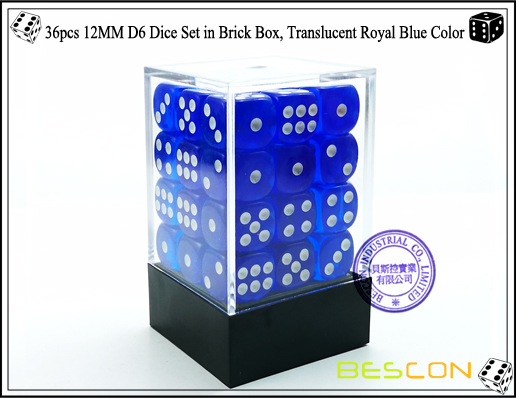 36pcs 12MM D6 Dice Set in Brick Box, Translucent Royal Blue Color-1