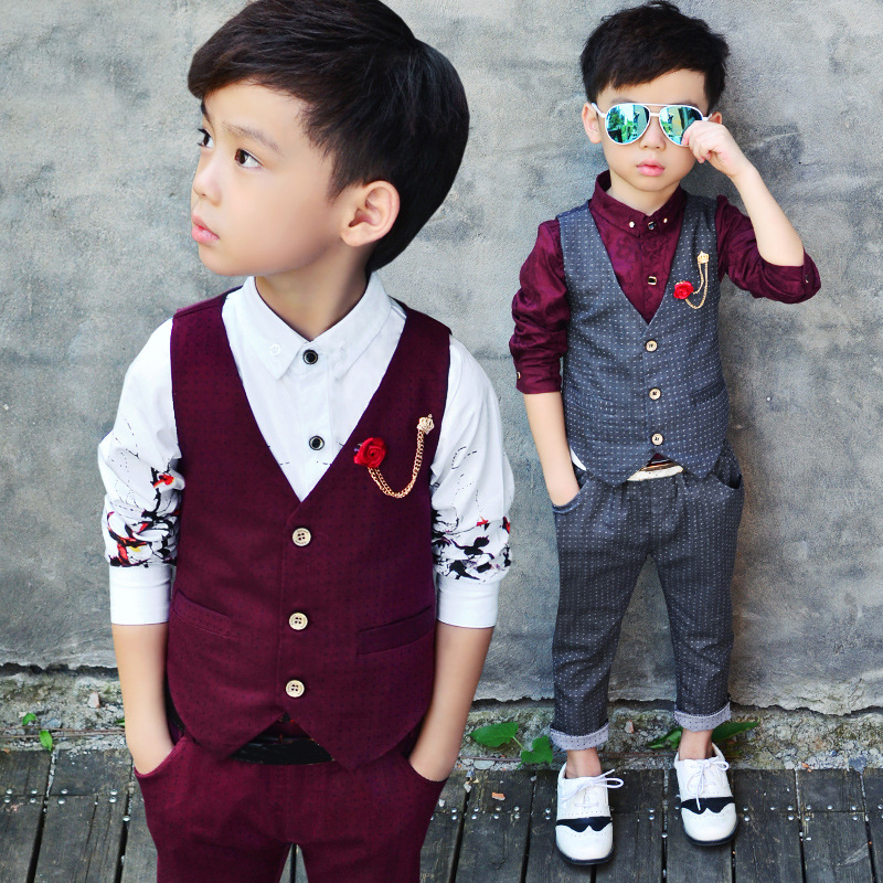 Children Wedding Suit for Boys Vest + Pants 2 Pieces Formal Suit Red Gray Boys Spring Summer England Style Kids Blazer Suits