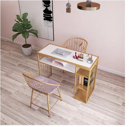 Net red European style gold manicure table and chair set single double diamond iron double deck manicure table sofa chair