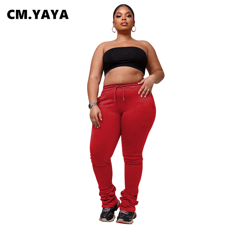 CM.YAYA Plus Size L-4XL Women Elastic Stacked Pants Legging High Waist Flare Bell Bottom Ruched Trousers Draped Jogger Sweatpant