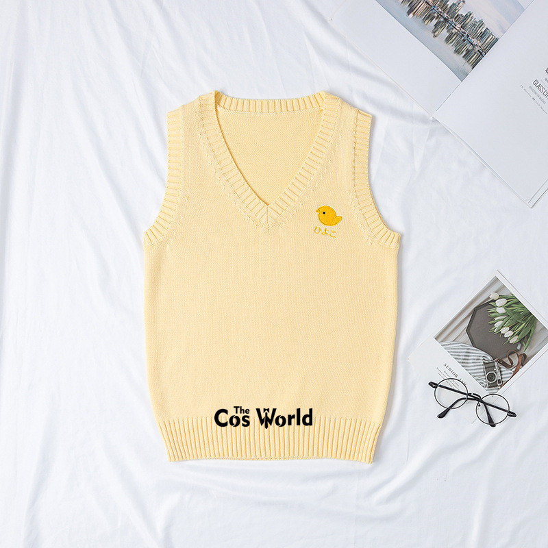 XS-XXL Spring Autumn Yellow Chick Sleeveless Knit Vests Pullovers V Neck Sweaters For JK School Uniform Student Clothes