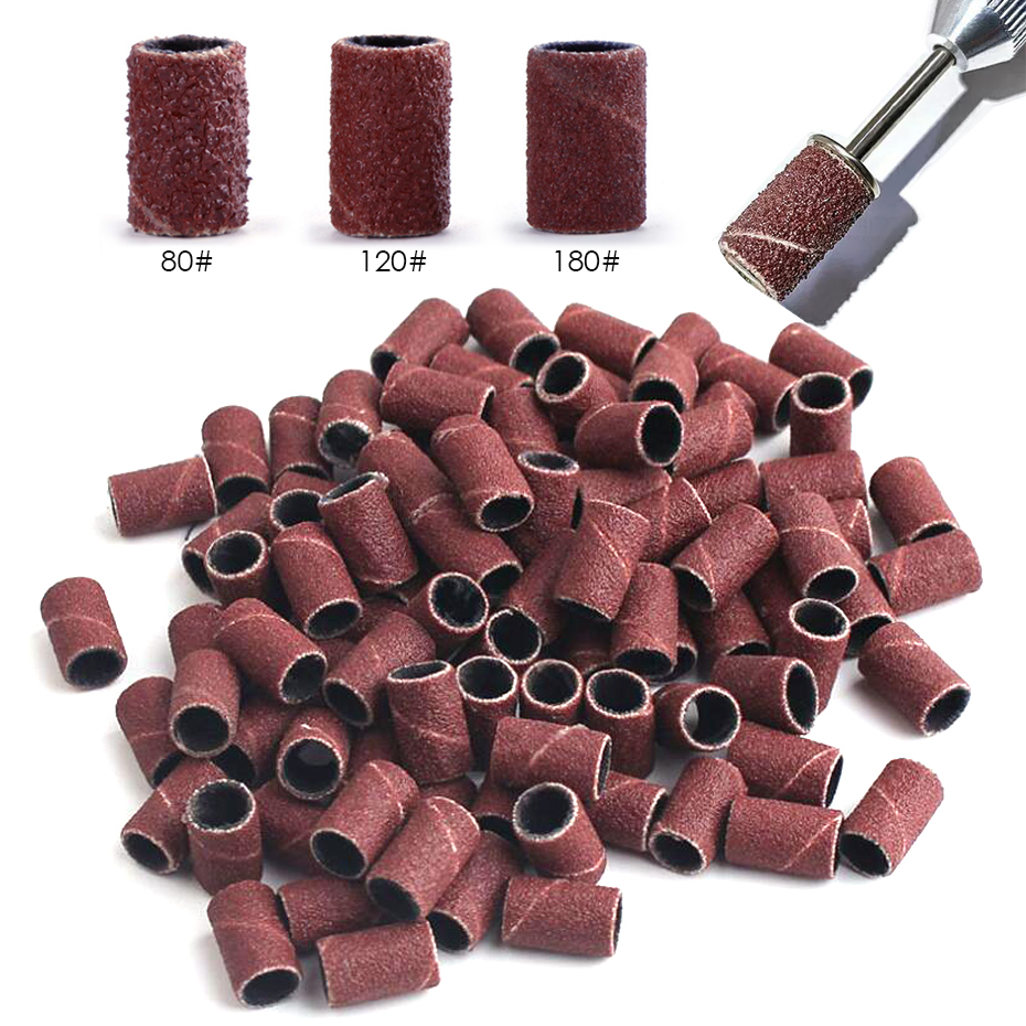100/50pc Sanding Cap Bands For Electric Manicure Machine 180/120/80 Grit Nail Drill Grinding Bit Files Pedicure Tool Set BEND216