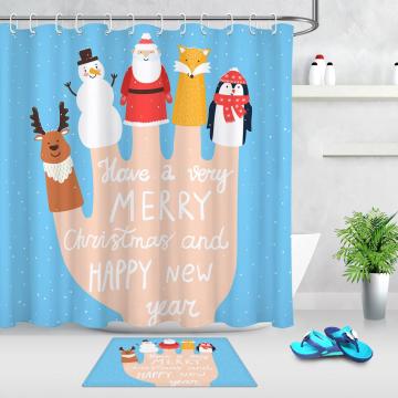 Merry Christmas Cartoon Shower Curtain Environmental With Hook Santa Snowman Deer No Punching Shower Curtain Rod Matching