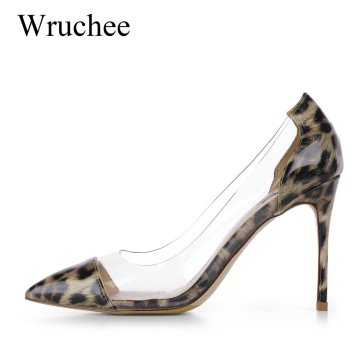 Wruchee summer shoes transparent leopard nude color women working pumps shoes pointed toes thin heels shoe 10cm big size