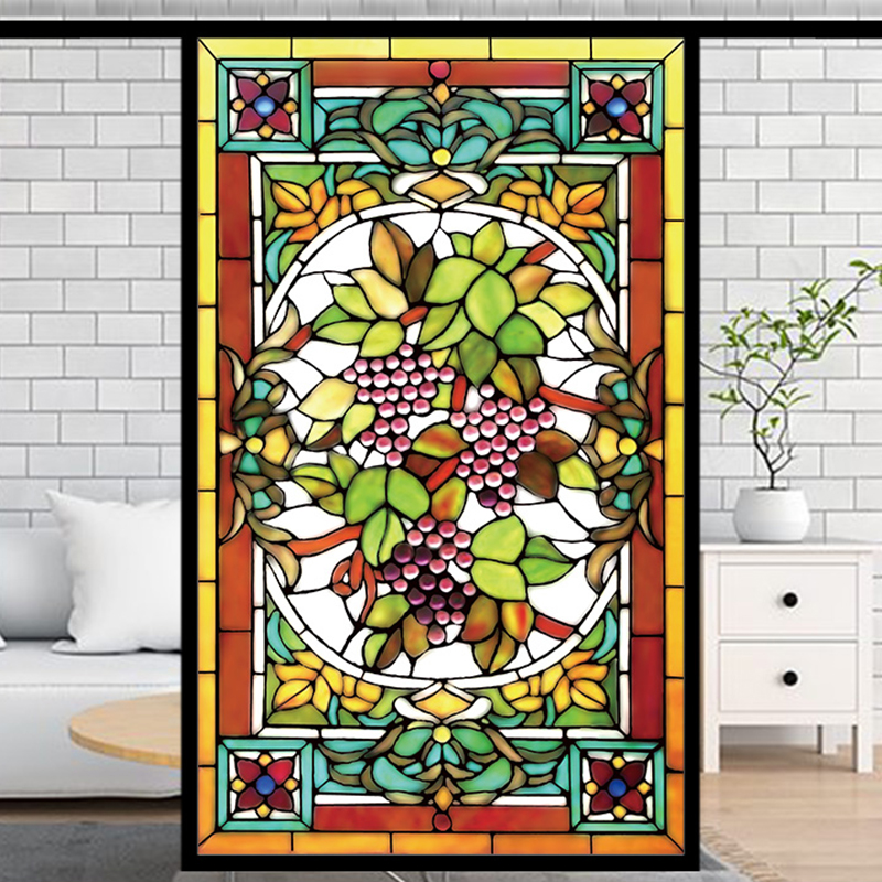 Frosted Privacy Window Film Stained Glass Film Retro European Church Style Colorful Window Stickers Shower Bathroom Glass Film