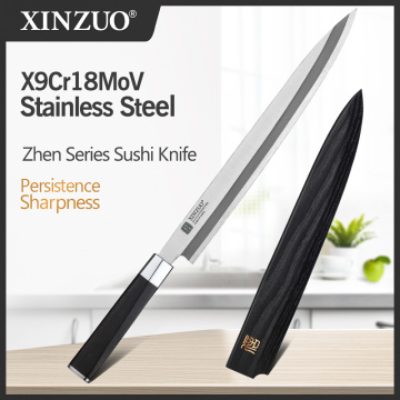 XINZUO 240/270/300MM Sushi Knife with Scabbard Cover X9Cr18MoV Steel Kitchen Knives Cleaver Sashimi Knife Ebony Wood Handle