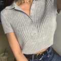 Harajuku Girls Knitted Polo Collar T Shirts Women Summer Knit Crop Tops Casual Fashion Solid Basic Tshirt Cropped Button Shirt