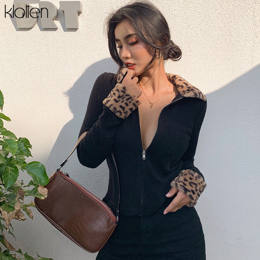 KLALIEN zipper Mosaic leopard Women Jackets Female Coat 2020 black turndown collar Long Sleeve high quality Outerwear