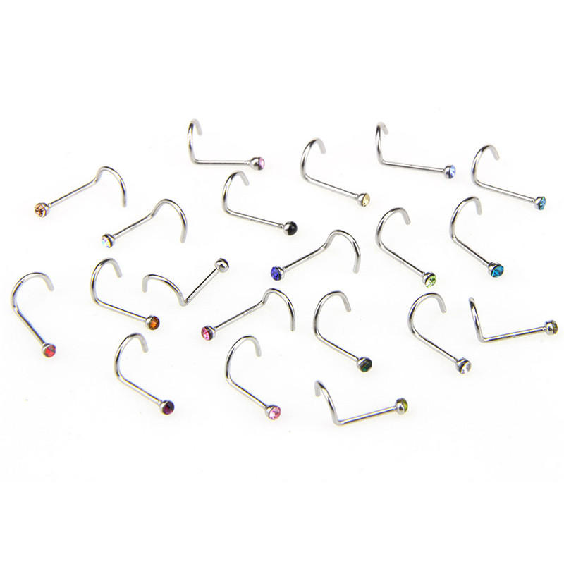 20pcs/lot Stainless Steel Crystal Rhinestone Nose Studs Hooks Bar Pin Nose Rings Body Piercing Jewelry For Women