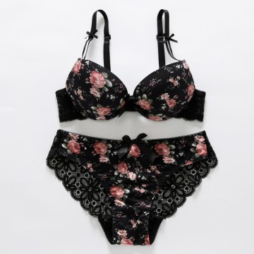 Sexy Women Print Bra set Embroidery Lingerie Silk Lace Flower Push up Thin Padded Bra Set Brassiere and Hollow out Panties H