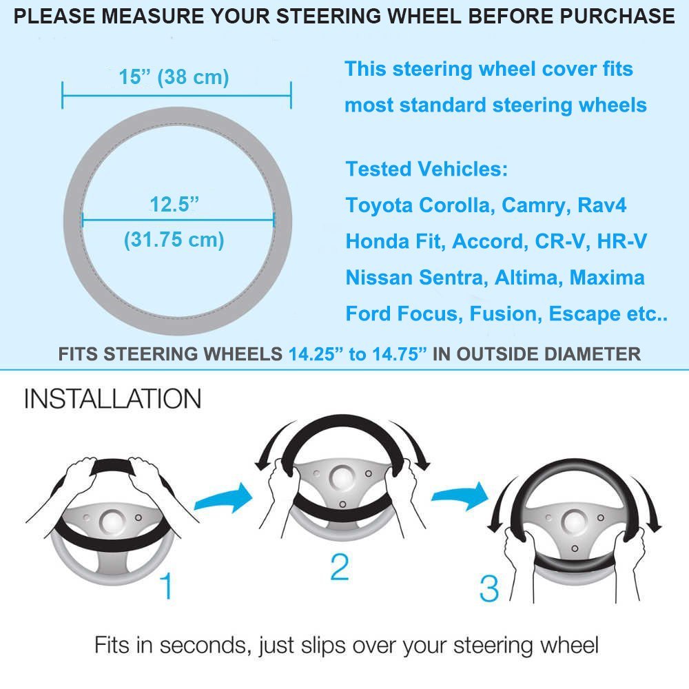 Fashion Steering Wheel Cover Black Lychee Pattern with Luxury Crystal Rhinestone M size Fits 38cm/15" Diameter