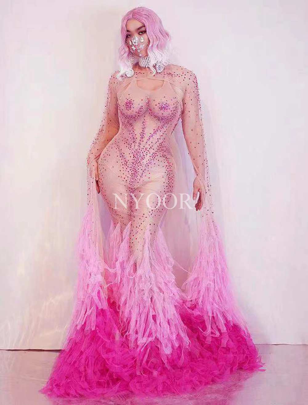 Rhinestone Rose Pink Mesh Fringe Tail Floor-length Dress Women Birthday Celebrate Prom Nightclub Outfit Sexy Stage Show Wear