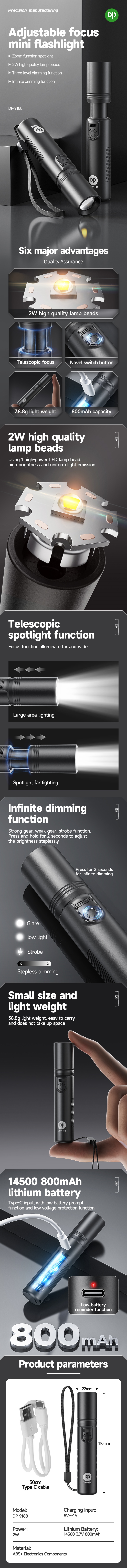 Rechargeable Mini Flashlight USB Type-C Stepless Dimming-detail