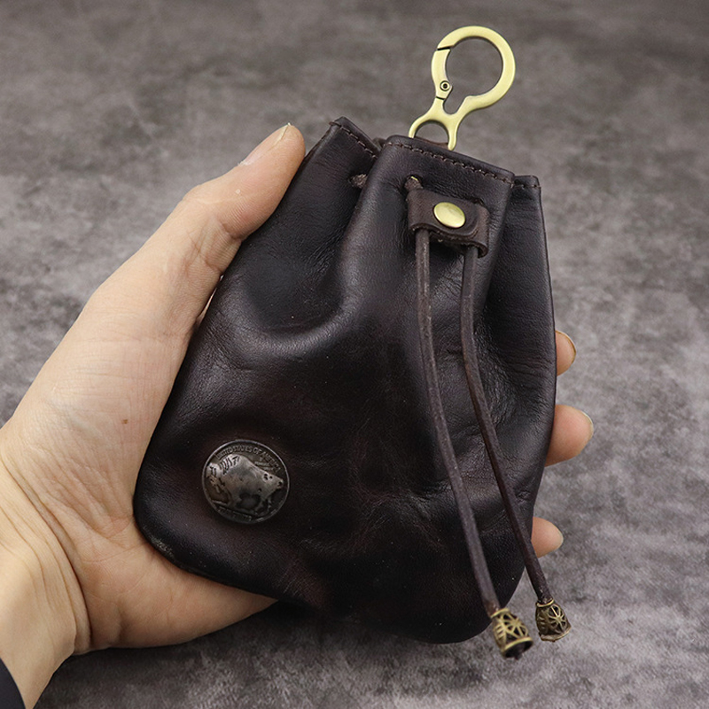 Vintage 100% Genuine Leather Coin Purse Men Women Small Mini Wallet Amekaji Wallets Change Purse DrawString New Key Holder Pouch