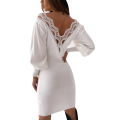 White Dress Winter Women's Clothing Party Dresses For Women Warm Black Open-Back Lace Lantern Sleeve V-Neck Sweater 2021 Spring